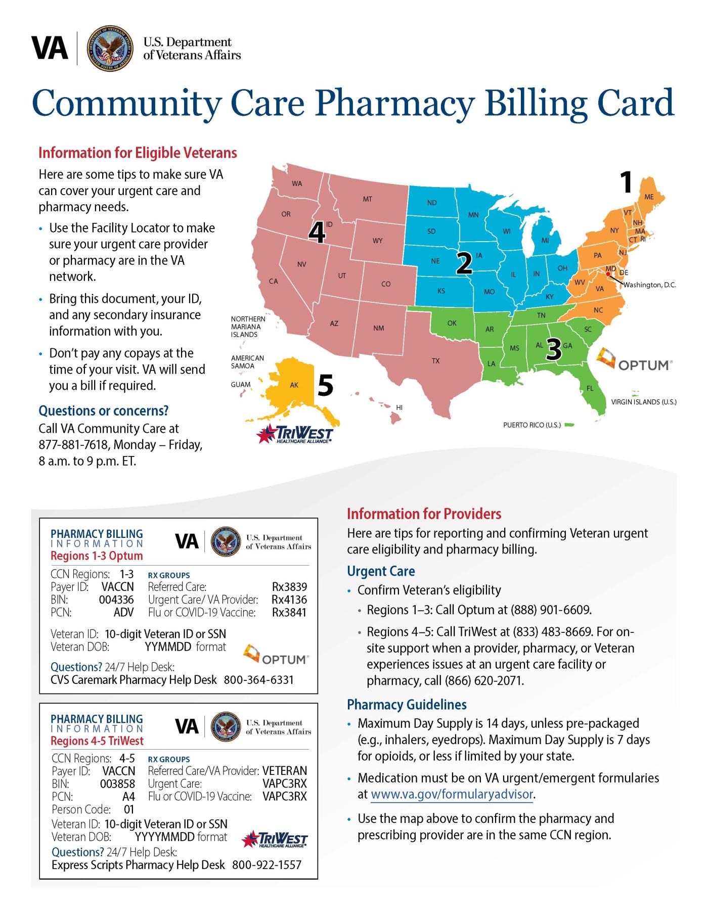 Community Care Pharmacy Billing Card with US map showing regions and corresponding numbers.