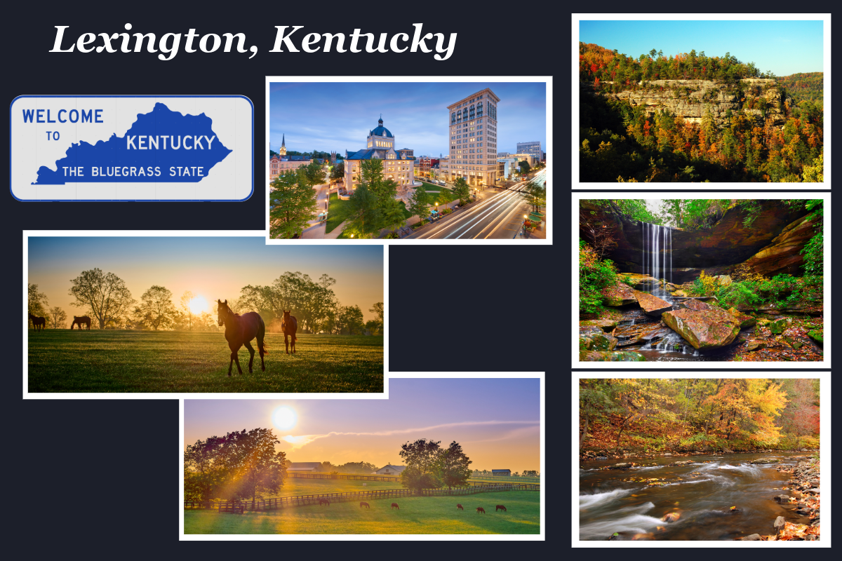 Lexington, Kentucky collage with city skyline, horse, waterfall, and sunset scenes.